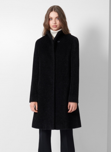 Flared black wool and alpaca coat with high stand collar