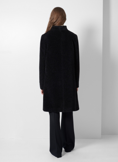 Flared black wool and alpaca coat with high stand collar