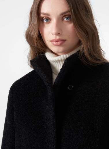 Flared black wool and alpaca coat with high stand collar