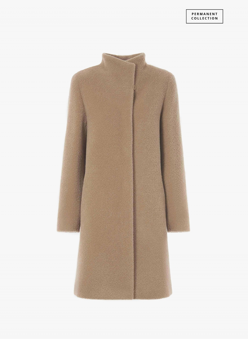 Flared dark beige wool and alpaca coat with high stand collar