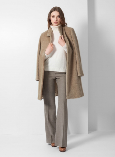Flared dark beige wool and alpaca coat with high stand collar