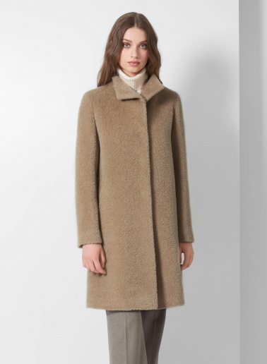 Flared dark beige wool and alpaca coat with high stand collar