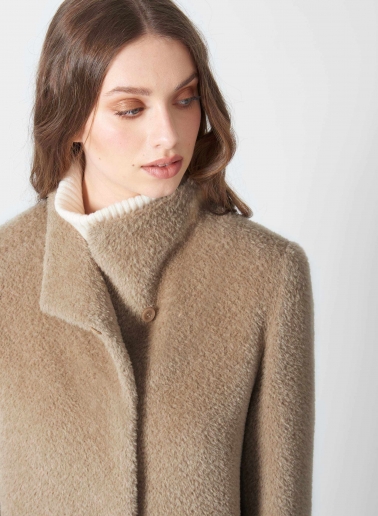 Flared dark beige wool and alpaca coat with high stand collar
