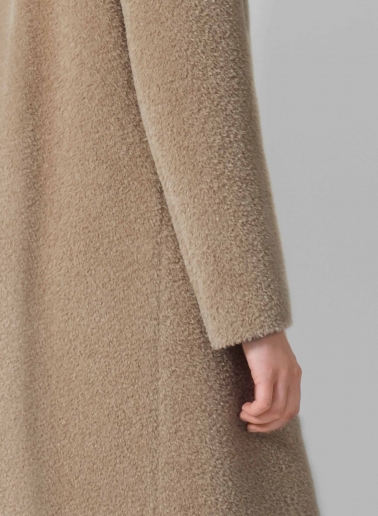 Flared dark beige wool and alpaca coat with high stand collar
