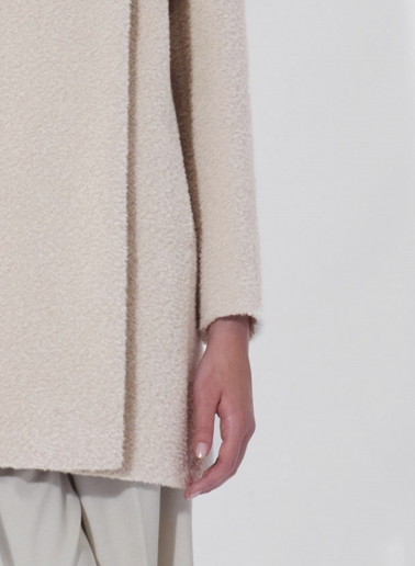 Short flared beige wool and alpaca coat with crossover collar