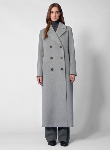 Maxi 6 buttons double breasted light grey wool and cashmere coat