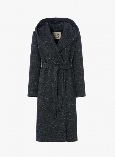 Black belted coat in lurex micro pattern with hood | Cinzia Rocca