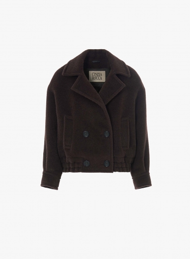 Brown double breasted alpaca and wool bomber jacket with padding