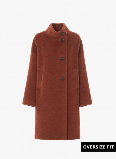 Terracotta colour alpaca and wool coat with high asymmetrical collar
