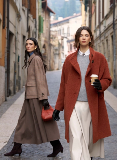 Terracotta colour alpaca and wool coat with high asymmetrical collar