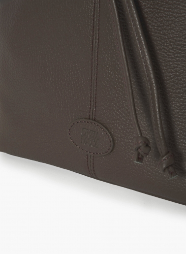 Brown genuine leather bucket bag with gusset and logo