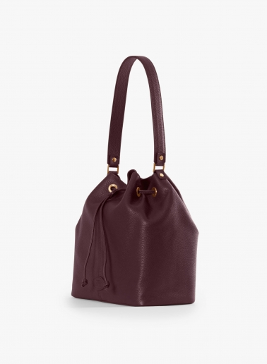 Burgundy genuine leather bucket bag with gusset and logo