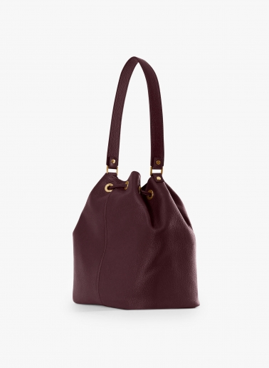 Burgundy genuine leather bucket bag with gusset and logo