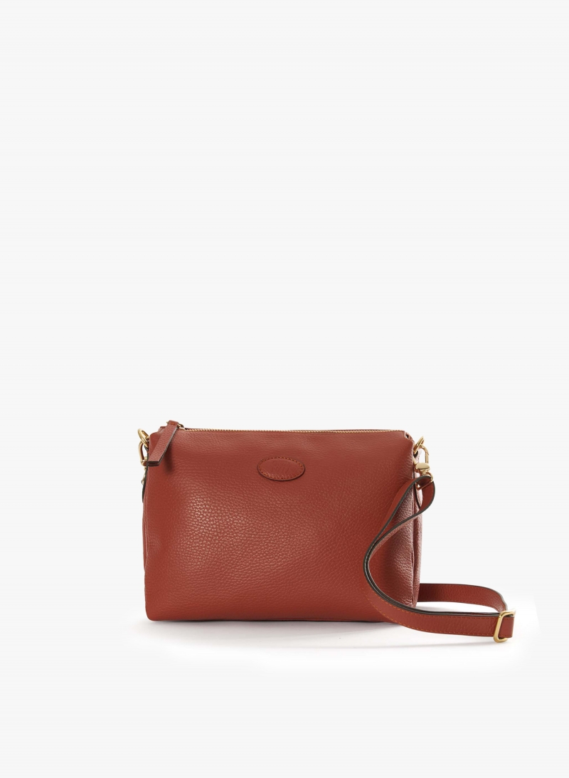 Terracotta colour genuine leather crossbody big bag with three compartments