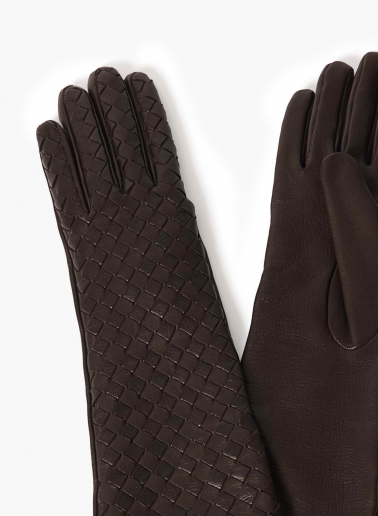 Long brown nappa leather gloves with woven design
