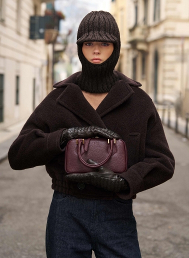 Burgundy genuine leather mini bag with double zip