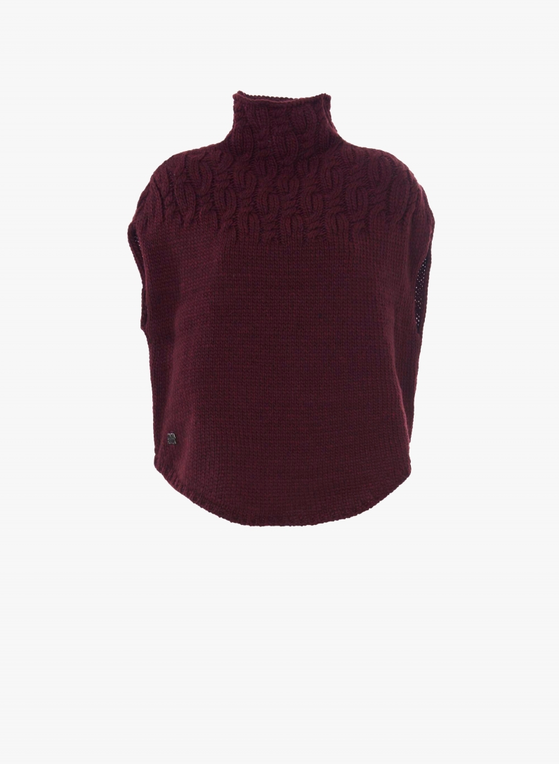 Burgundy knitted cape with braided detail