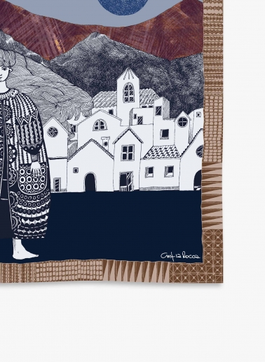 Small brown twill silk scarf with woman and a landscape
