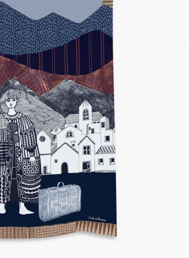 Blue twill silk scarf with woman and a landscape
