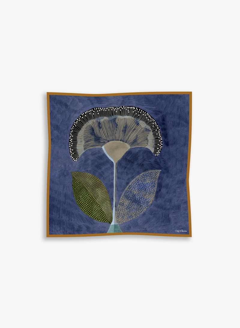 Blue twill silk scarf with stylized plant pattern