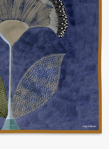 Blue twill silk scarf with stylized plant pattern