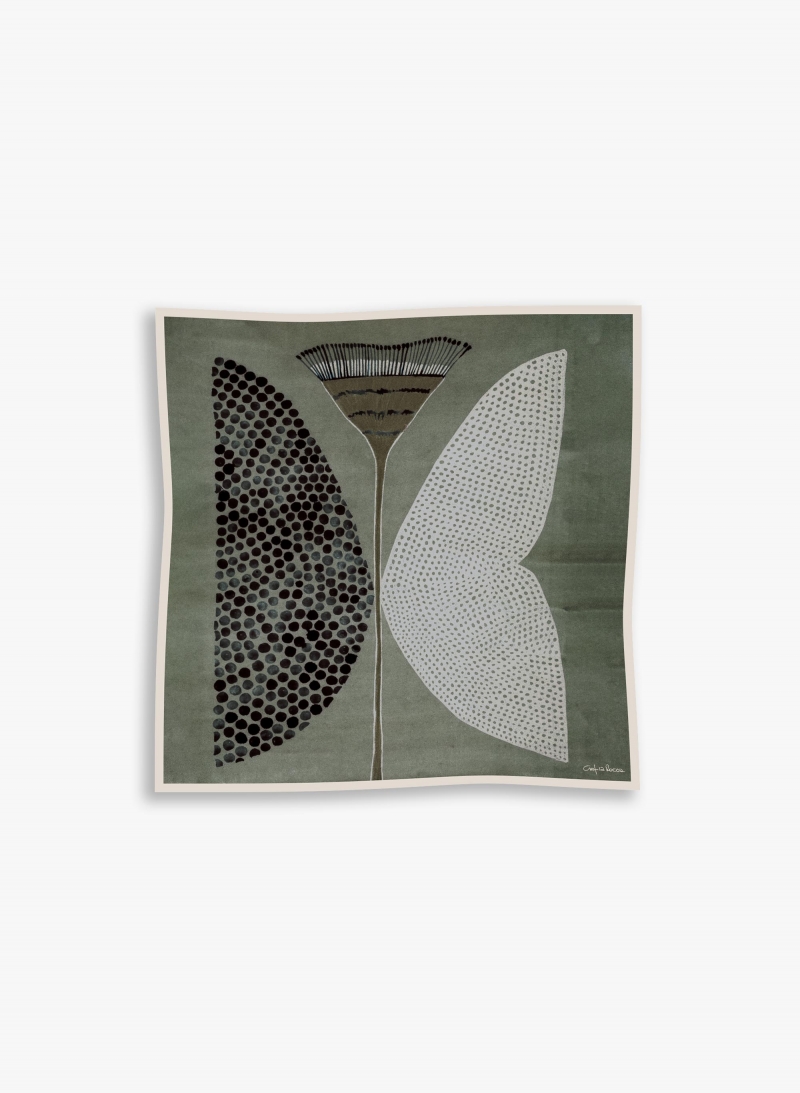 Green twill silk scarf with stylized plant pattern