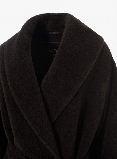 Maxi brown alpaca and wool coat with belt and shawl collar