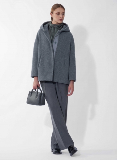 Short grey wool parka with detachable nylon bib