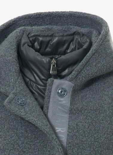 Short grey wool parka with detachable nylon bib