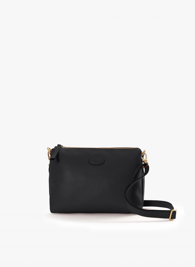 Black genuine leather crossbody big bag with three compartments