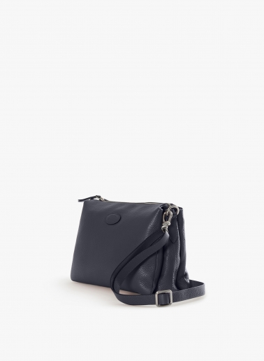 Blue genuine leather crossbody big bag with three compartments
