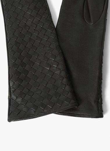 Long black nappa leather gloves with woven design
