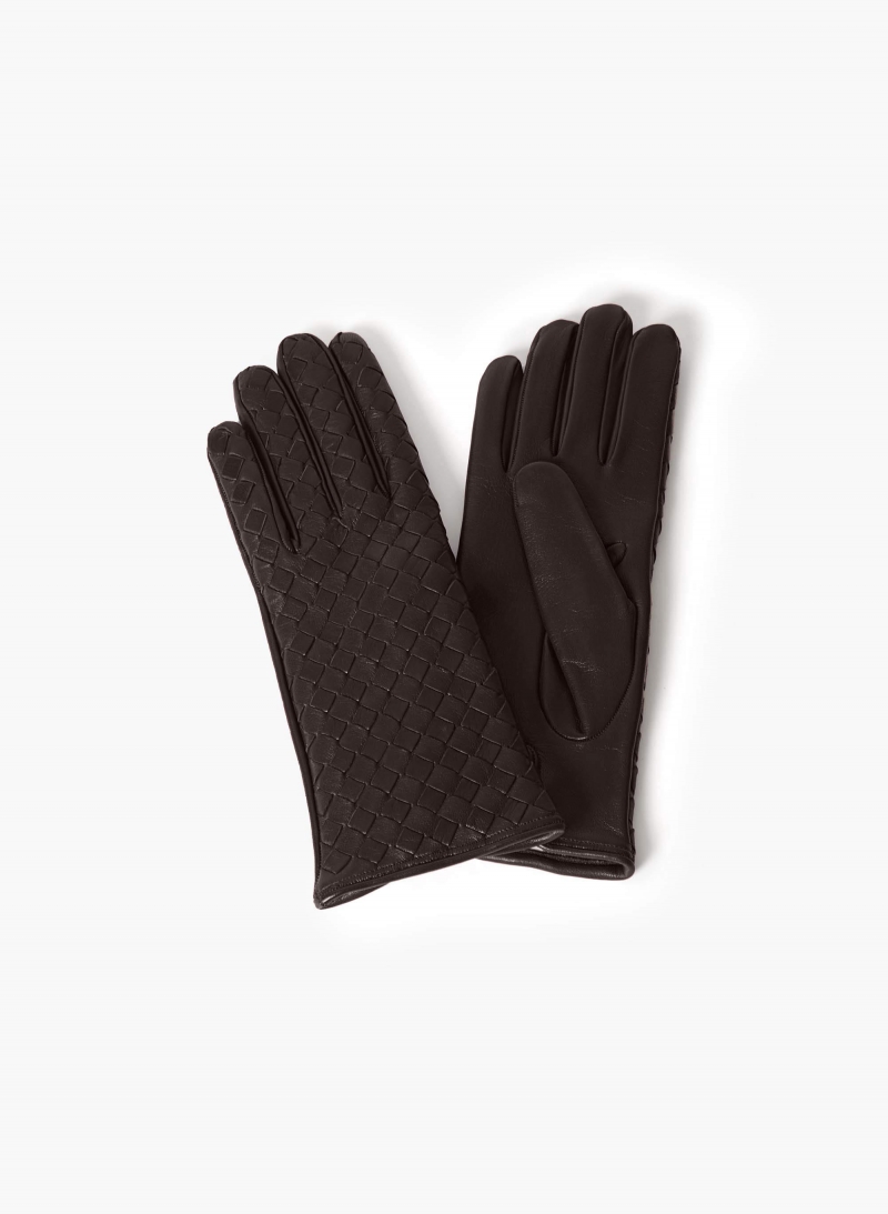 Brown nappa leather gloves with woven design