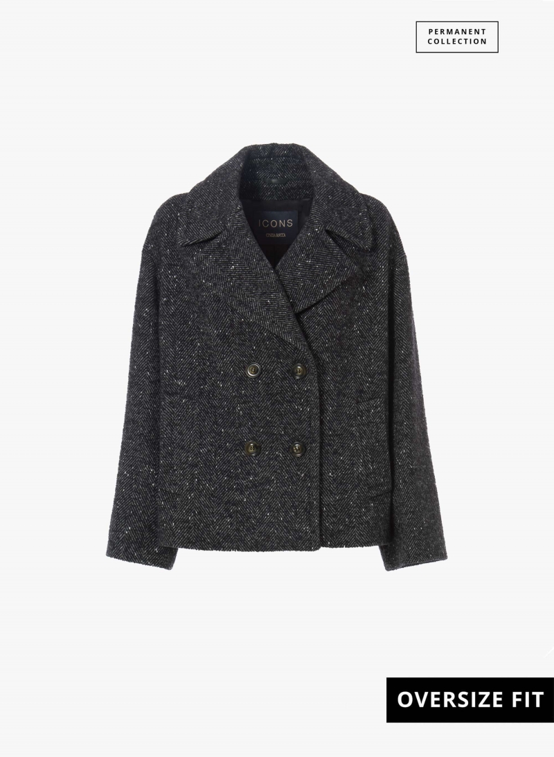 Short oversized black coat with maxi notch collar and lurex micro pattern