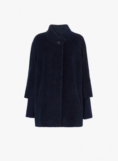 Blue wool and alpaca short coat with knitted cuffs