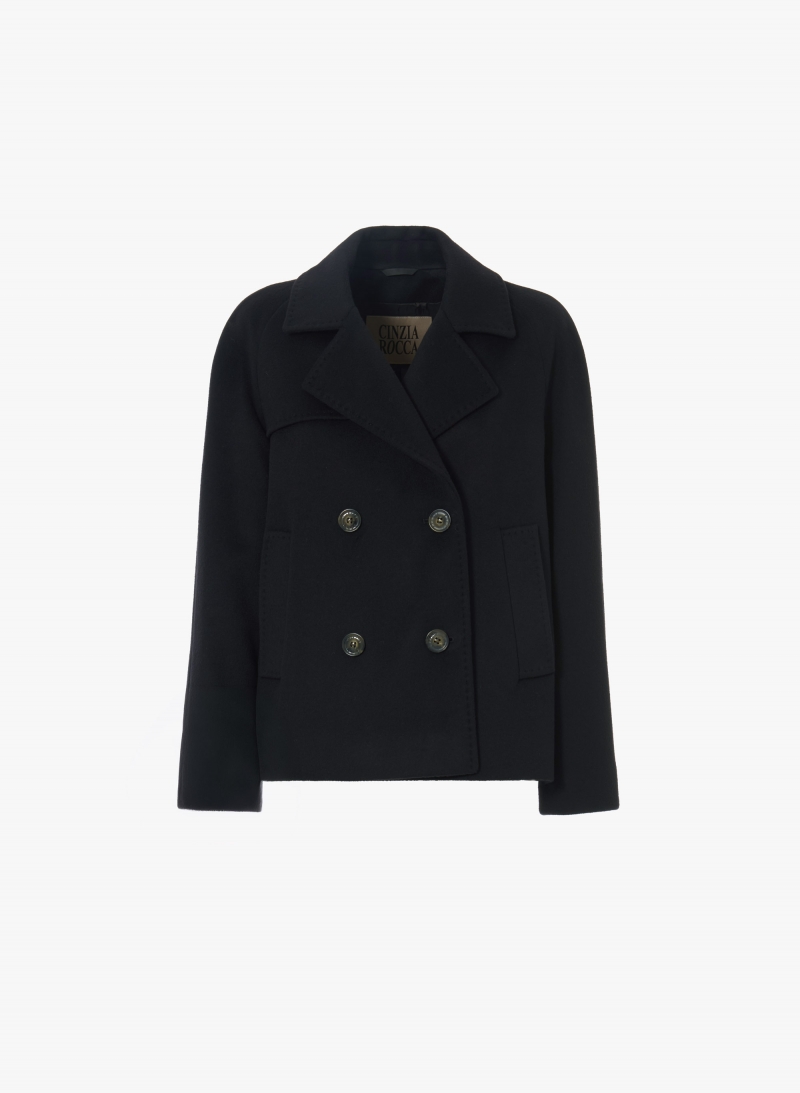 Black pure wool short coat with shirt collar and trench style flap