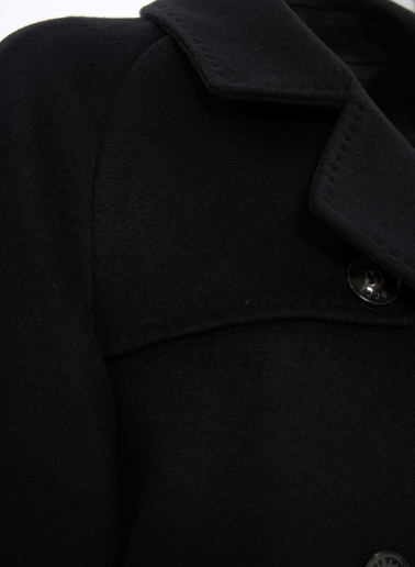 Black pure wool short coat with shirt collar and trench style flap