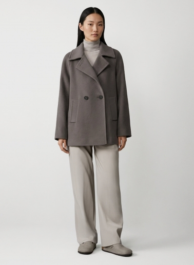 Dark taupe pure wool short coat with maxi dual use notch collar