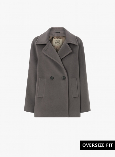 Dark taupe pure wool short coat with maxi dual use notch collar