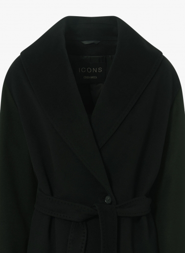 Maxi black pure cashmere coat with belt and shawl collar