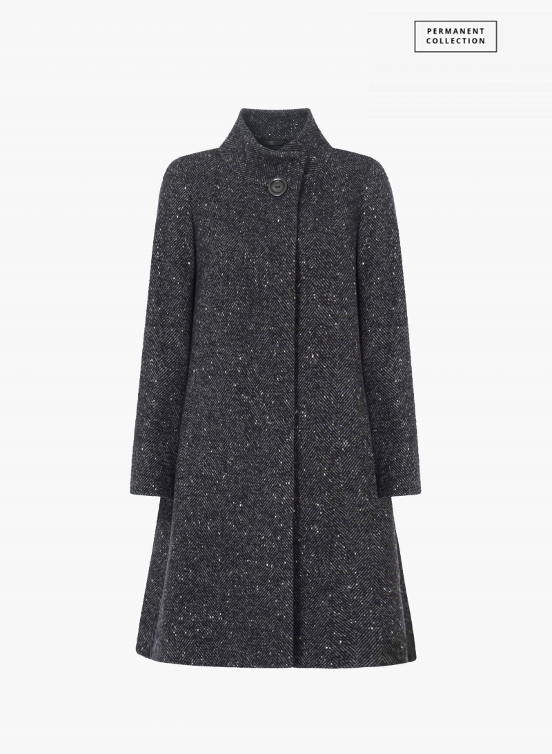 Flared black coat with lurex micro pattern