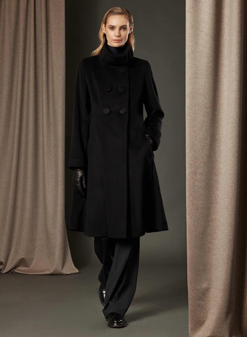 Long black pure wool frock coat with high drape collar