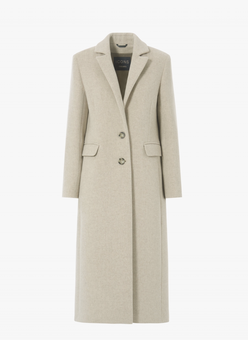 Maxi beige wool coat with masculine cut