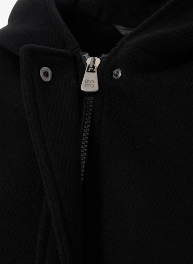 Black pure wool parka with drawstring