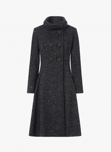 Long black frock coat with lurex micro pattern and high drape collar