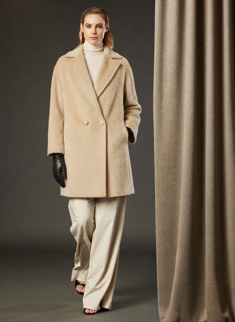 Camel double breasted coat in alpaca and wool