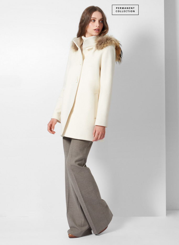 Wool and cashmere white hooded duffle coat