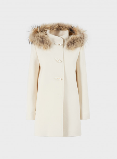 Wool and cashmere white hooded duffle coat