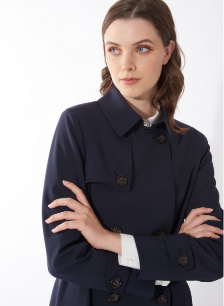 Satin tech double breasted blue trench coat