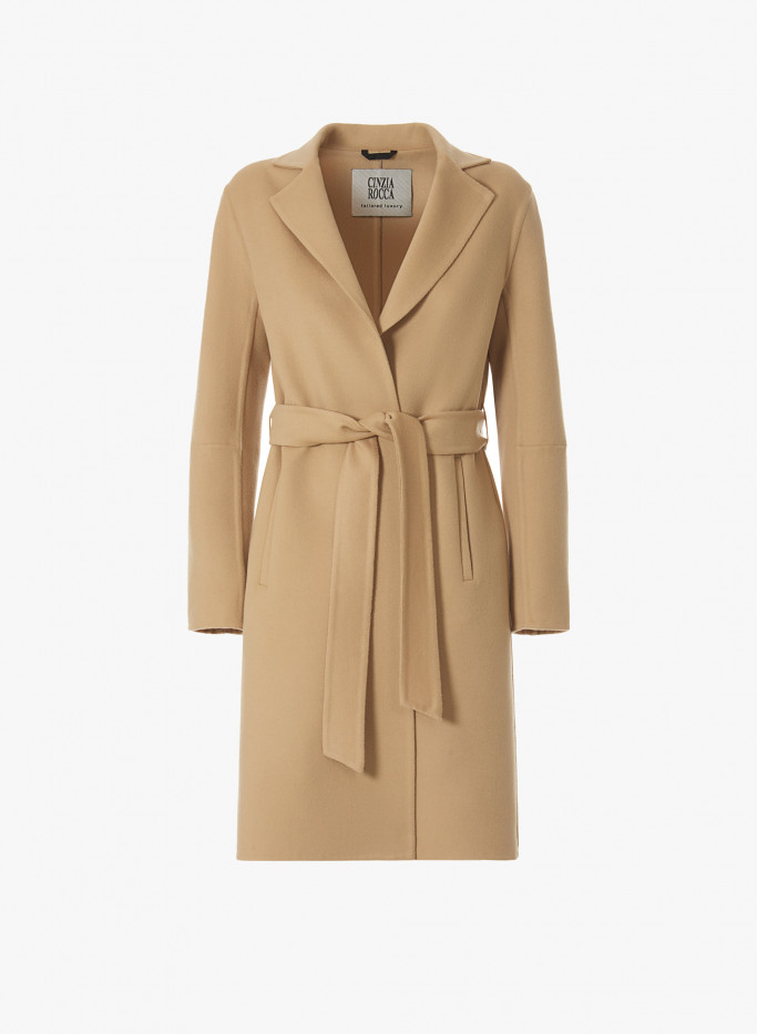 Belted camel double wool overcoat